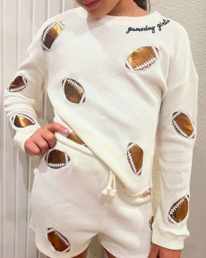 Game Day All Over Football Waffle Long Sleeve Top (S7/8)