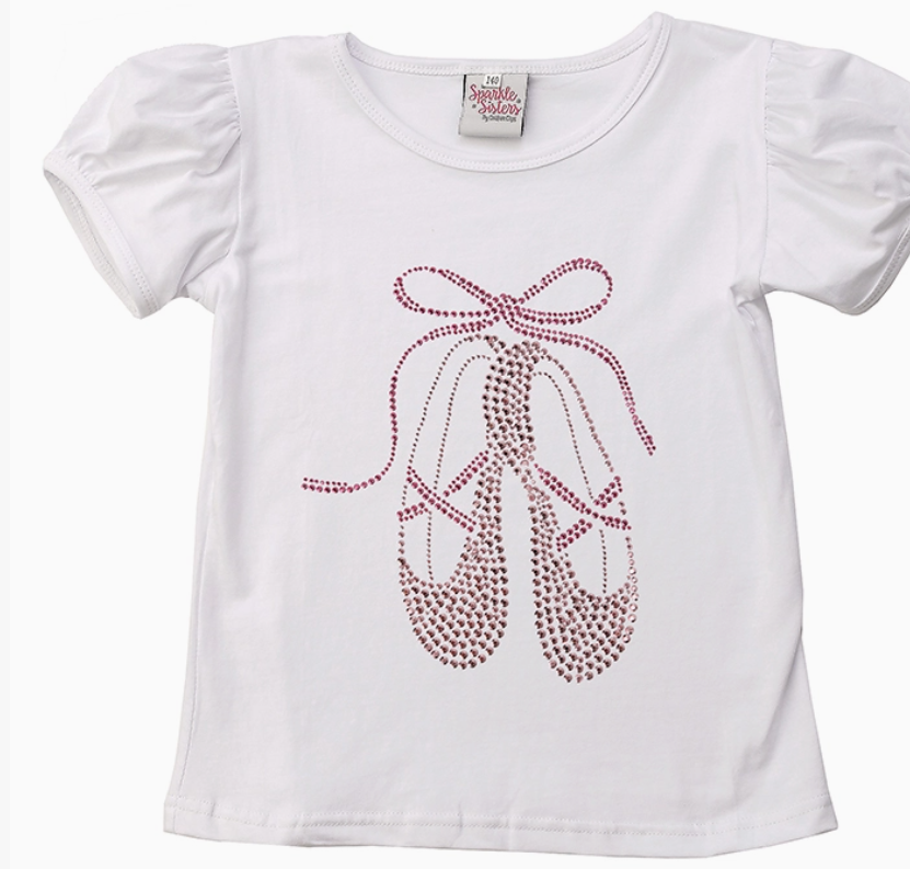 Pink Studded Ballet Slippers on Puff Sleeve Tee White (2)