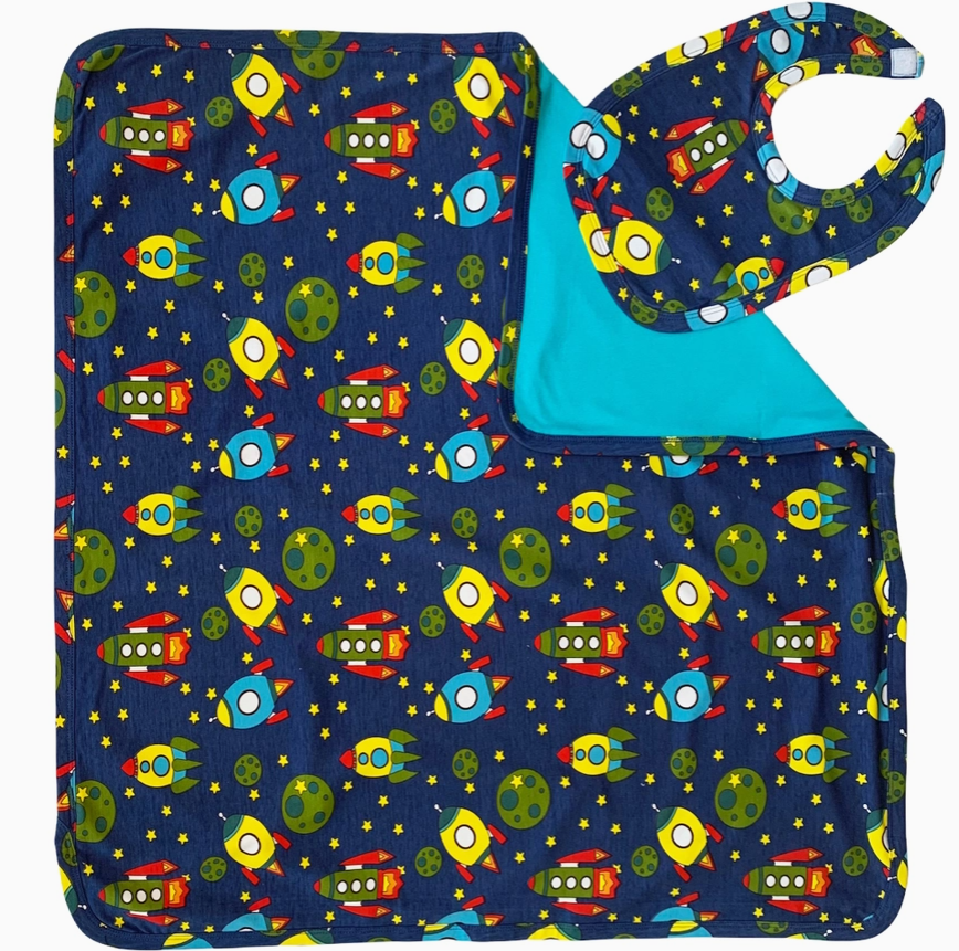 Baby Boy Space Ship Blanket w Bib Set