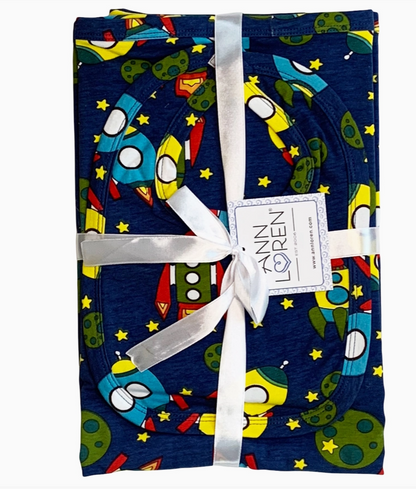 Baby Boy Space Ship Blanket w Bib Set